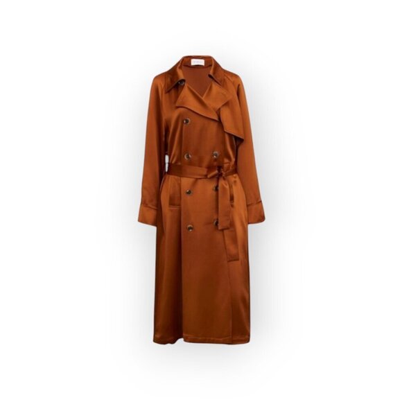 Lattelier Satin Copper Double Breasted Full Length Trench Coat Amber M L - Picture 2 of 12